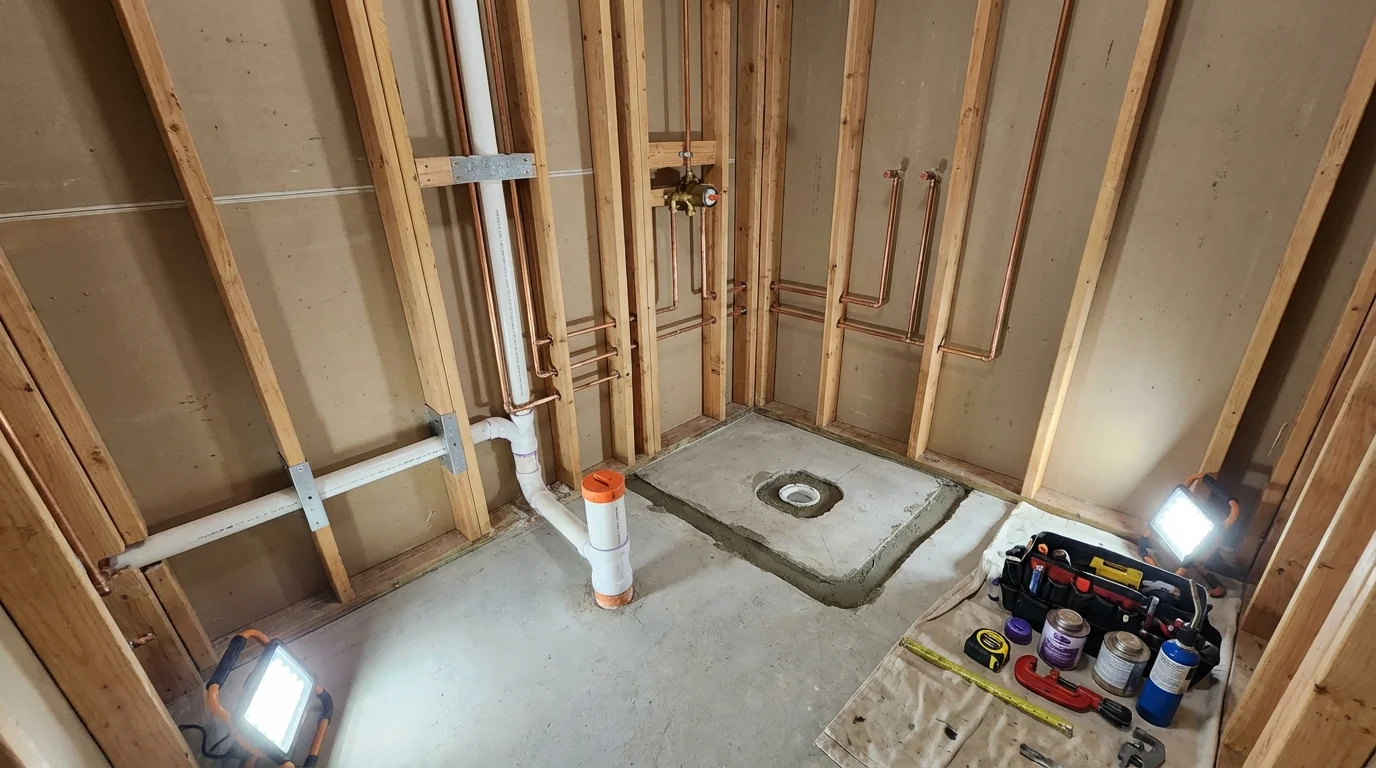Bathroom rough-in plumbing during remodel by Johns Plumbing LLC in Kaufman