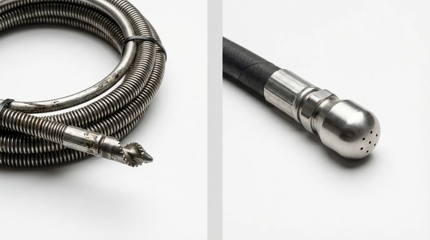 Drain snake cable and hydro jetting nozzle used for drain cleaning in Kaufman, TX