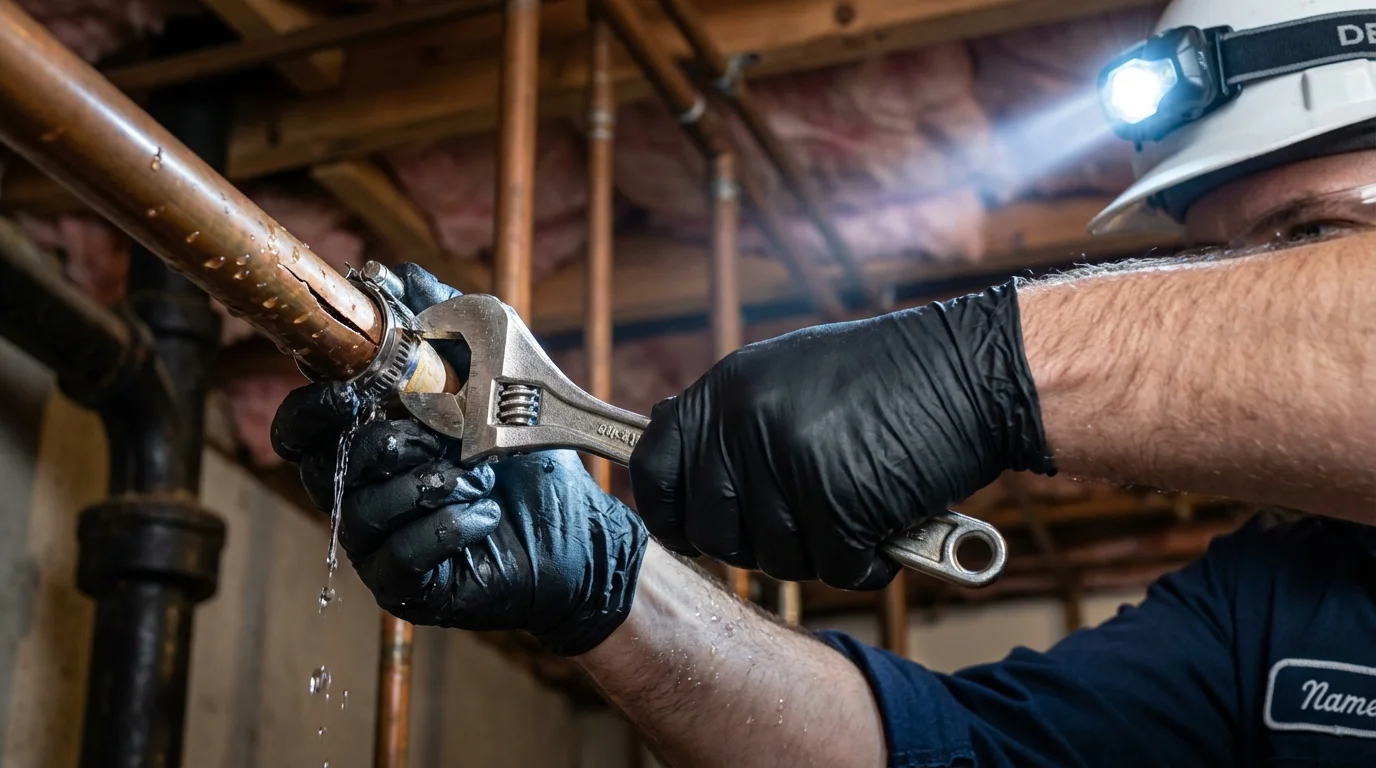 Emergency pipe clamp repair being performed by a Johns Plumbing LLC plumber in Kaufman