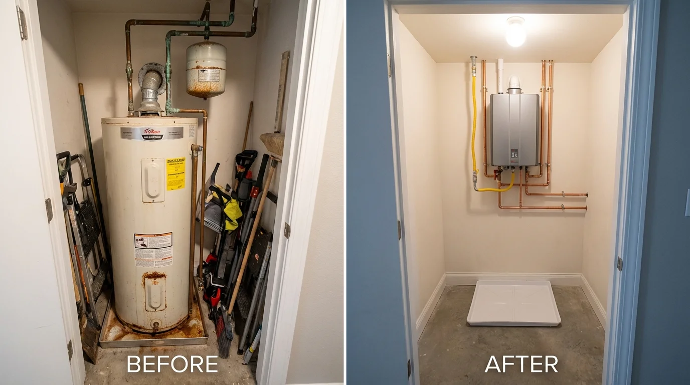 Tank water heater versus wall-mounted tankless unit comparison for Kaufman, TX homeowners