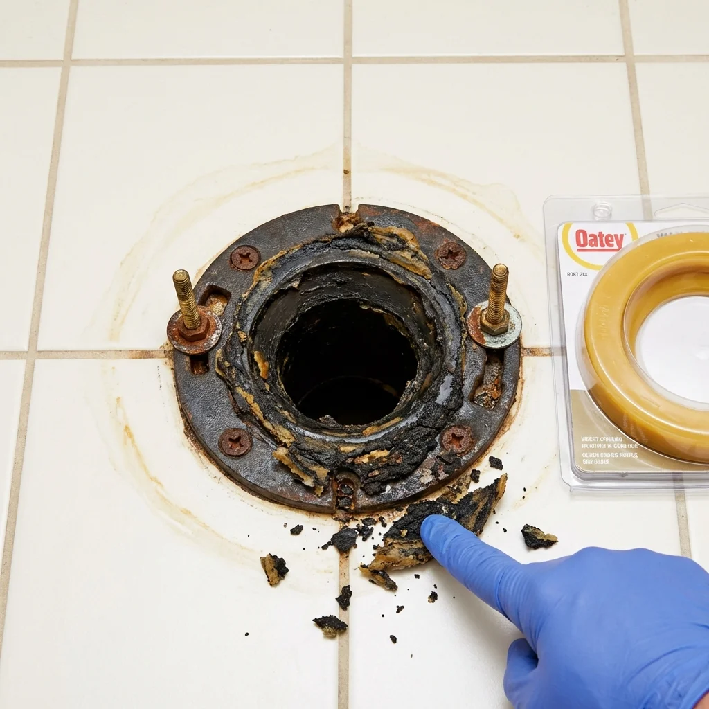Failed wax ring showing water seepage at the base of a toilet in a Kaufman, TX home