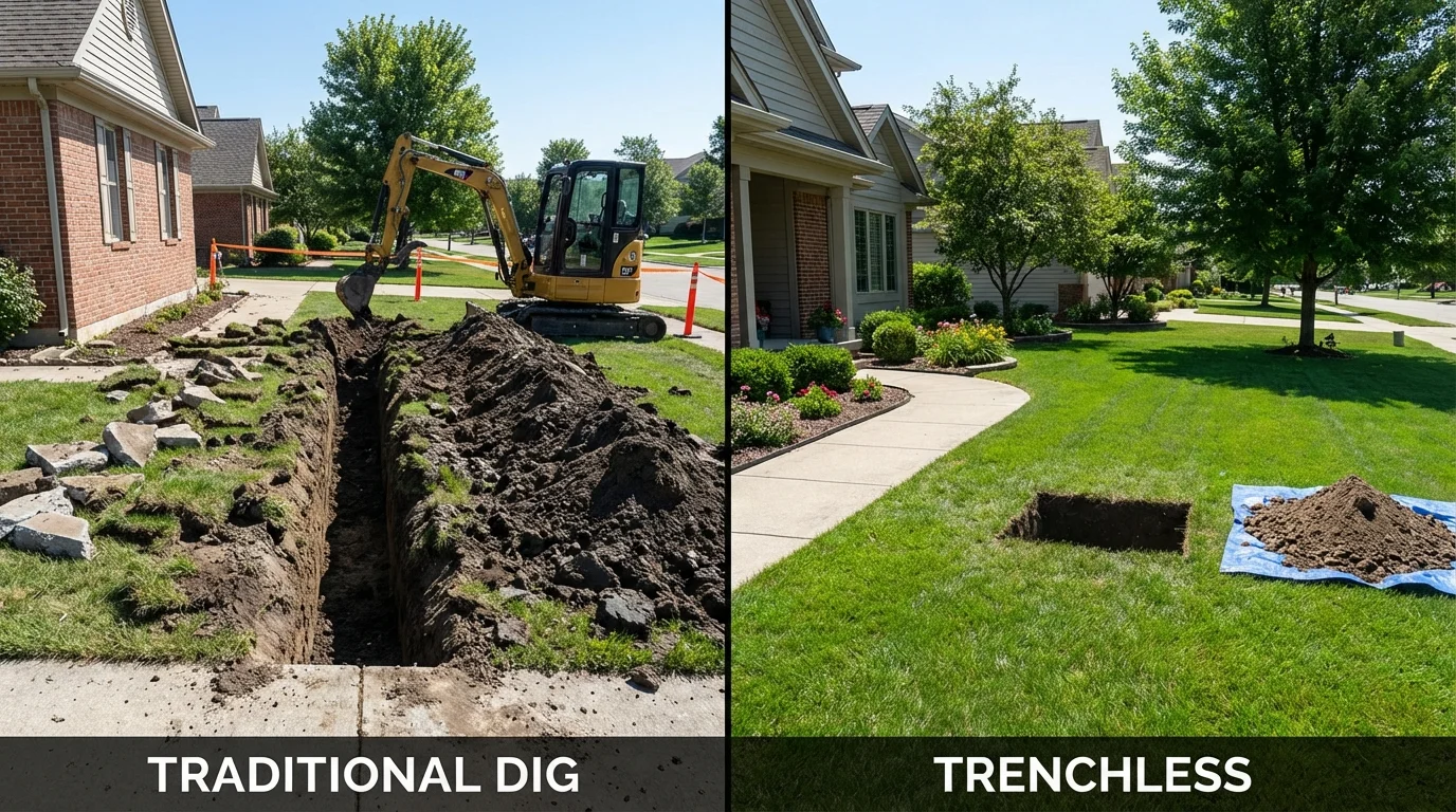 Trenchless sewer repair with minimal yard damage versus traditional excavation in Kaufman, TX
