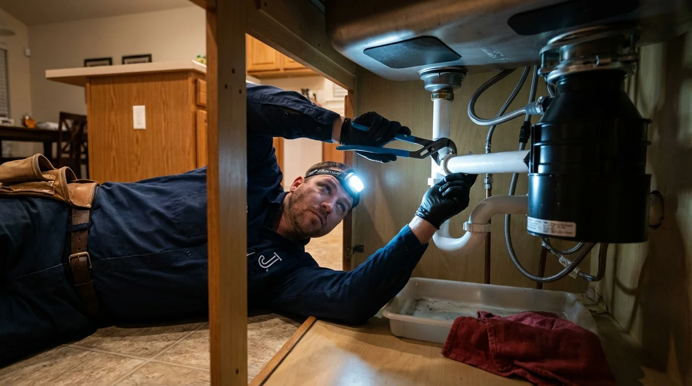 P-trap and supply line connections under a kitchen sink showing a common leak point in Kaufman, TX